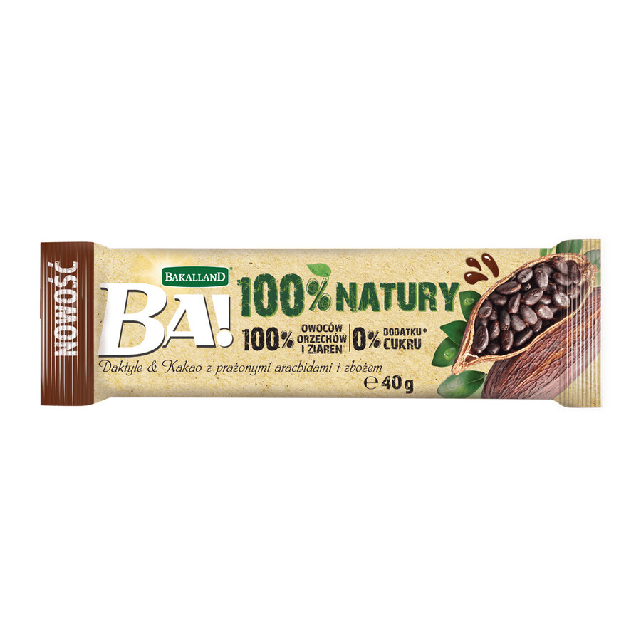 Bakalland BA ! Barre aux fruits 100% nature, dattes et cacao avec cacahuètes grillées et céréales, sans sucre ajouté, 40 g