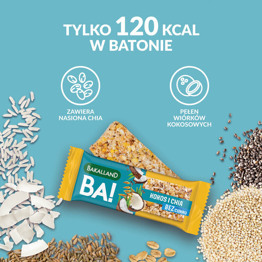 Barre de céréales Bakalland BA ! 5 céréales et noix de coco avec chia, sans sucre ajouté, 30 g