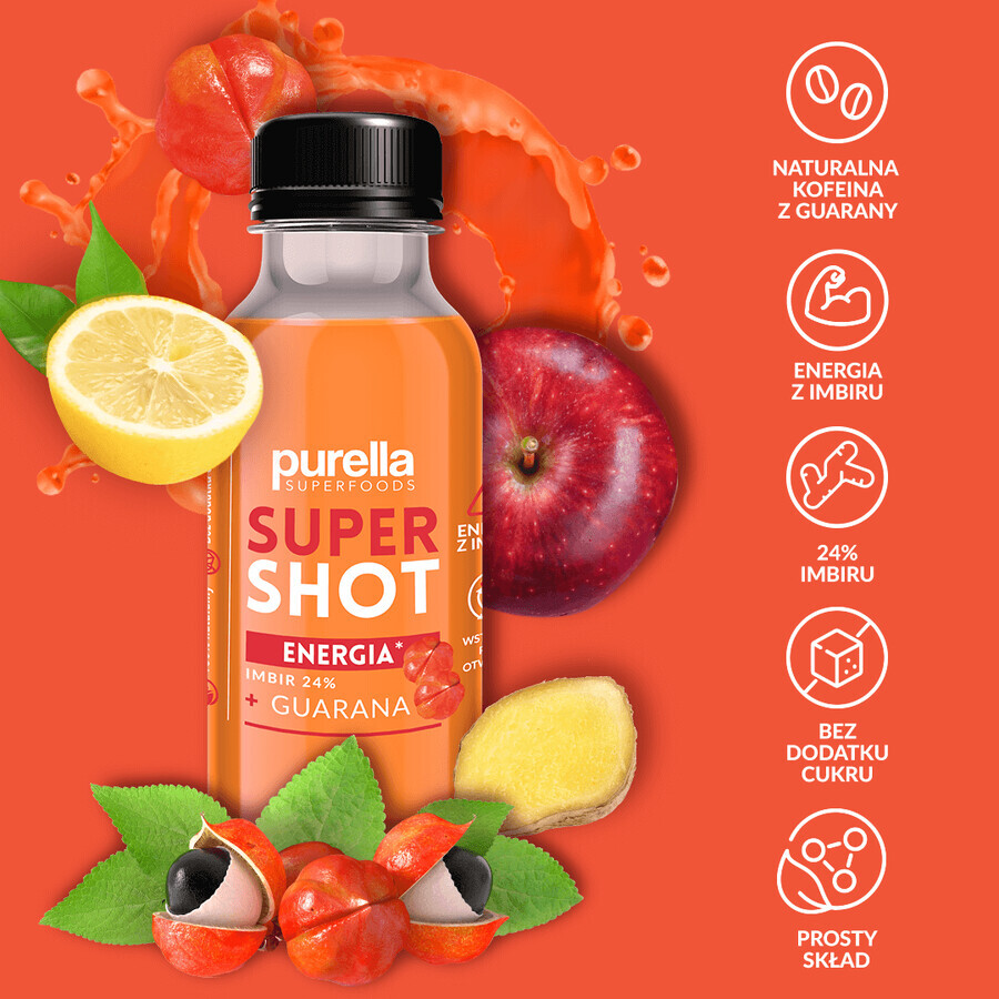 Purella Superfoods SuperShot Energy, boisson plate, gingembre + guarana, 100 ml