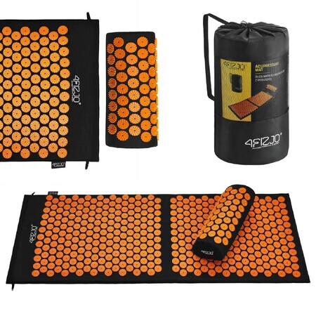 4Fizjo Acupressure Mat, Large Acupuncture Mat with Cushion, 110cm x 42cm, Black and Orange