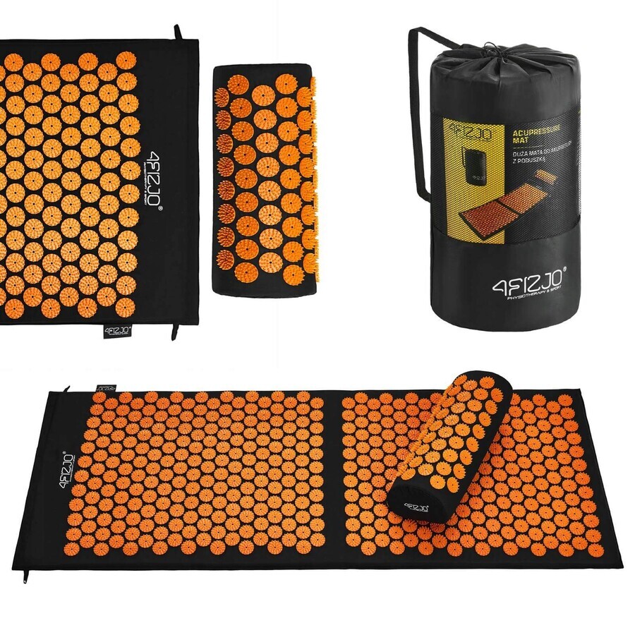 4Fizjo Acupressure Mat, Large Acupuncture Mat with Cushion, 110cm x 42cm, Black and Orange