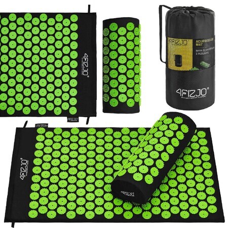 4Fizjo Acupressure Mat, tapis d'acupression avec coussin, 68 cm x 42 cm, noir et vert