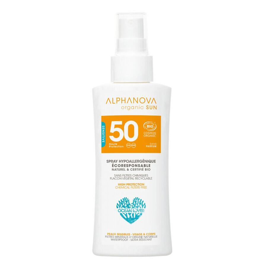 Alphanova Sun Bio, spray solaire, hypoallergénique, SPF 50, 90 g