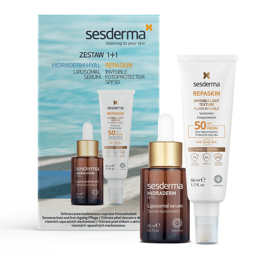 Sesderma Hidraderm Hyal set, sérum à liposomes, 30 ml + Repaskin, crème solaire légère pour le visage, SPF 50, 50 ml