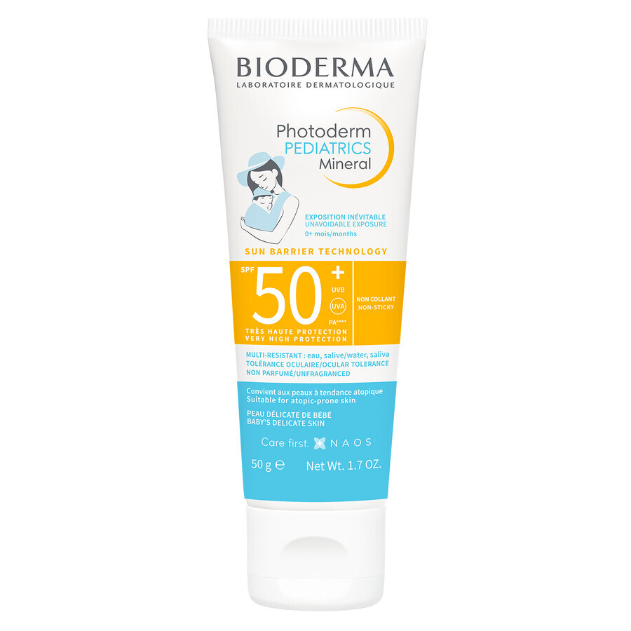 Bioderma Photoderm Pediatrics, fluido mineral para niños, para pieles sensibles y alérgicas, SPF 50+, desde el nacimiento, 50 g