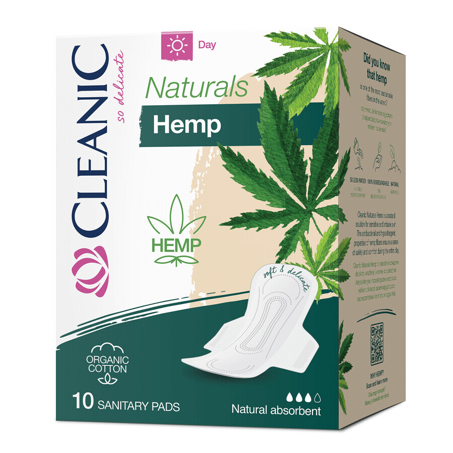 Cleanic Naturals Hemp, prosoape sanitare din bumbac organic și fibre de cânepă, cu aripi, Ziua, 10 buc