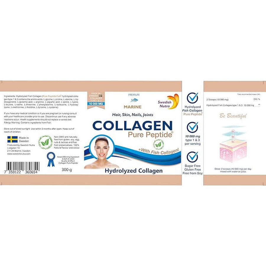 Marine Fish Collagen Hydrolysate Powder Type 1 and 3 10,000 mg, 300 g, Swedish Nutra