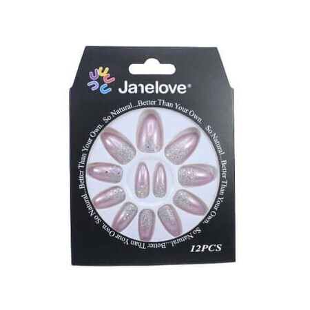 Lot de 12 faux ongles dégradés avec paillettes, Janelove, Lilas