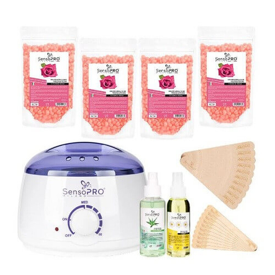 Kit d'épilation professionnel, SensoPro Milano, Rosa, chauffage, 4 paquets de cire, 2 huiles d'épilation, spatule