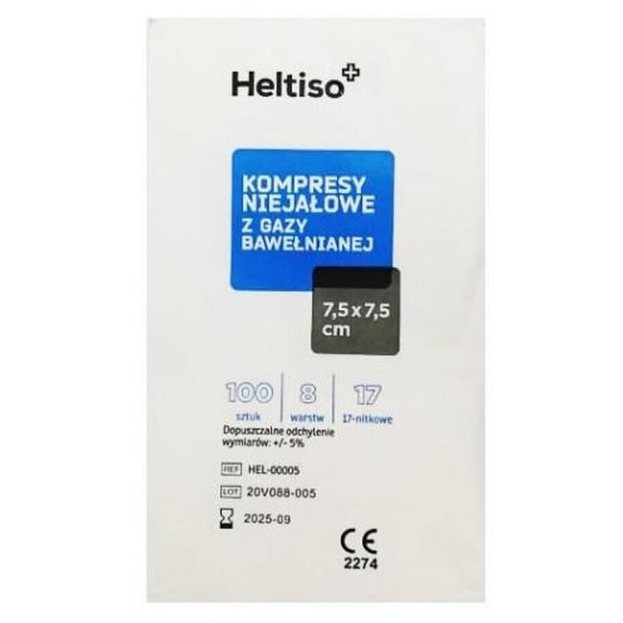 Heltiso, compresses de gaze en coton non tissé, 17 fils, 8 couches, 7,5 x 7,5 cm, 100 pièces - Longue durée de vie !