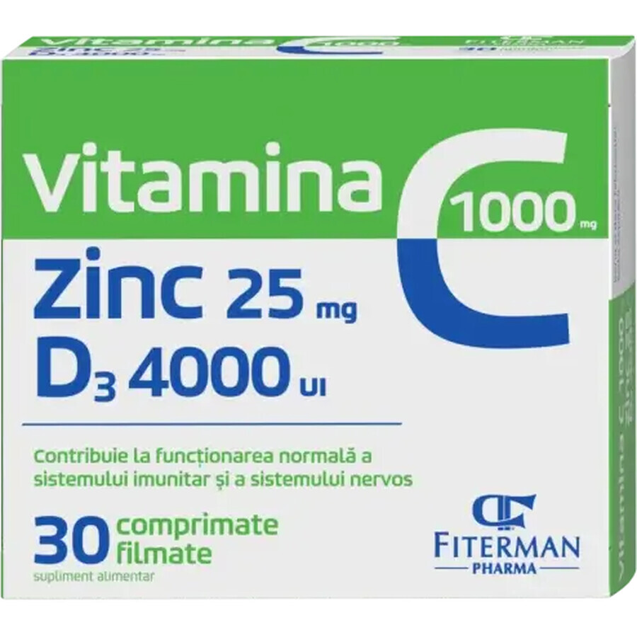 Vitamin C 1000 mg + Zn 25 mg + D3 4000 IU, 30 film-coated tablets, Fiterman