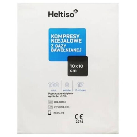 Heltiso, non-woven cotton gauze pads, 17 threads, 8 layers, 10 x 10 cm, 100 pcs - Long Life!