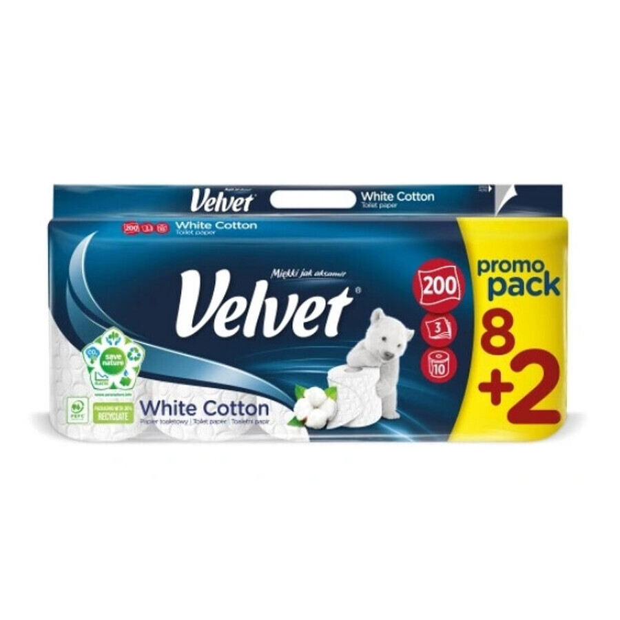 Papier hygiénique velours coton blanc, 8 + 2 rouleaux