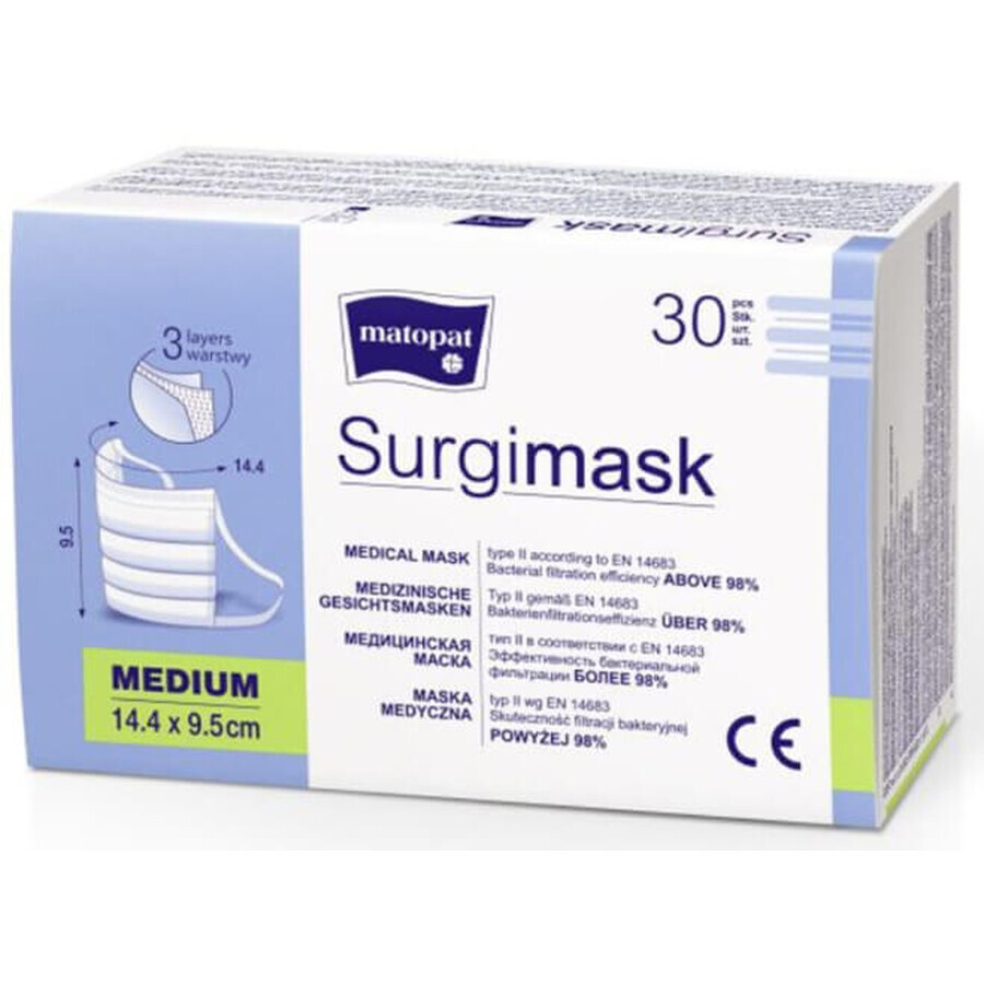 Surgimask, masques MED type II non opaques, 3 couches M, 30 pièces