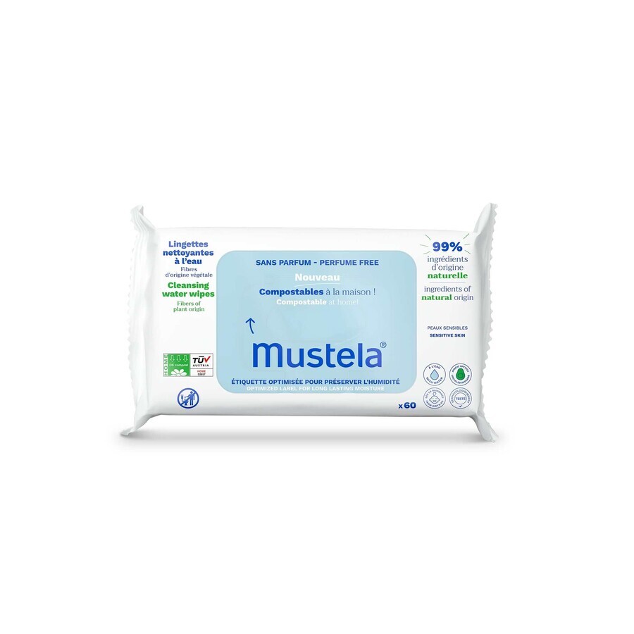 Mustela, Lingettes nettoyantes compostables à l'eau, dès la naissance, 60 pièces