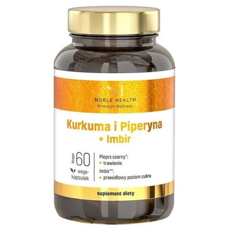 Noble Health, Curcuma avec pipérine et gingembre, 60 gélules