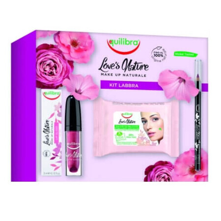 Lip Kit Equilibra, Loves Nature : Rouge à lèvres 3ml + Liner à lèvres 1.1g + Crayon à lèvres 1.1g + Lingettes pour les lèvres 10 pièces