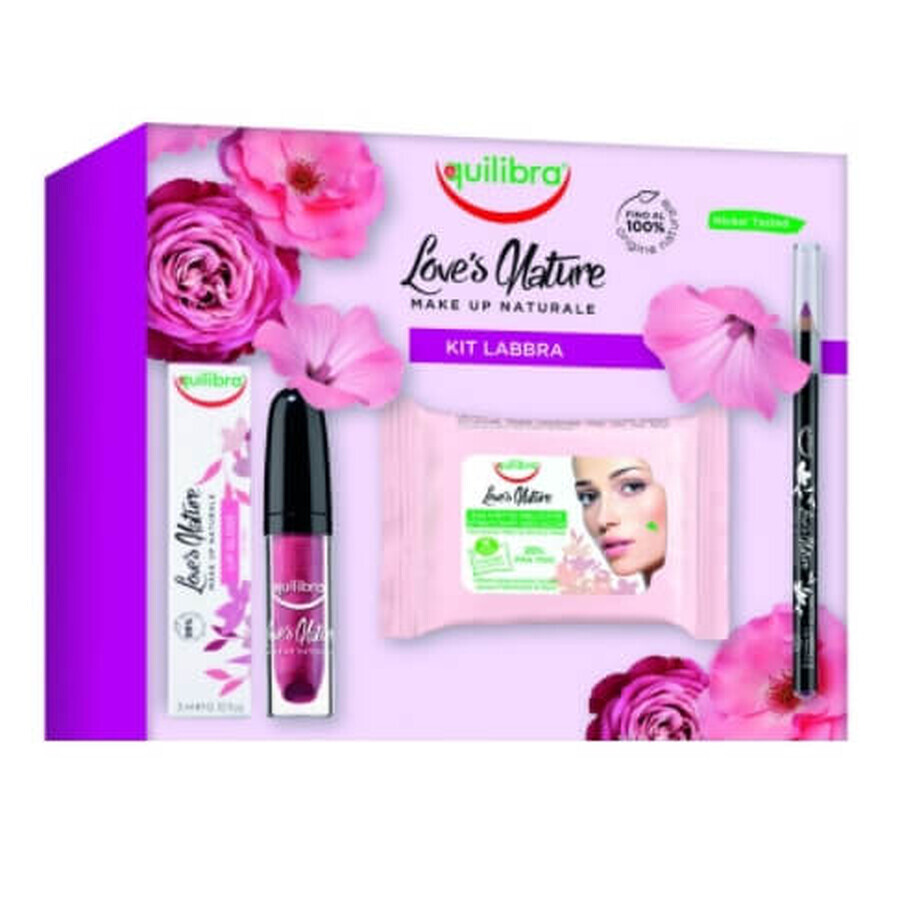 Lip Kit Equilibra, Loves Nature : Rouge à lèvres 3ml + Liner à lèvres 1.1g + Crayon à lèvres 1.1g + Lingettes pour les lèvres 10 pièces