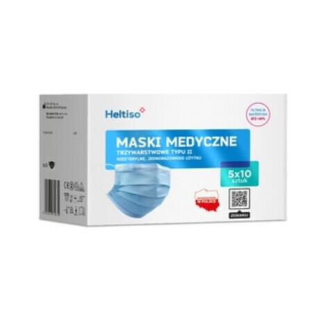 Heltiso, Masque médical, 3 couches type II, 50 pcs - Livraison rapide !