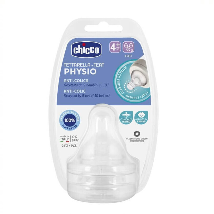 Tétine pour biberon à débit rapide Chicco Physio anti-colique 4m+, 2 pièces