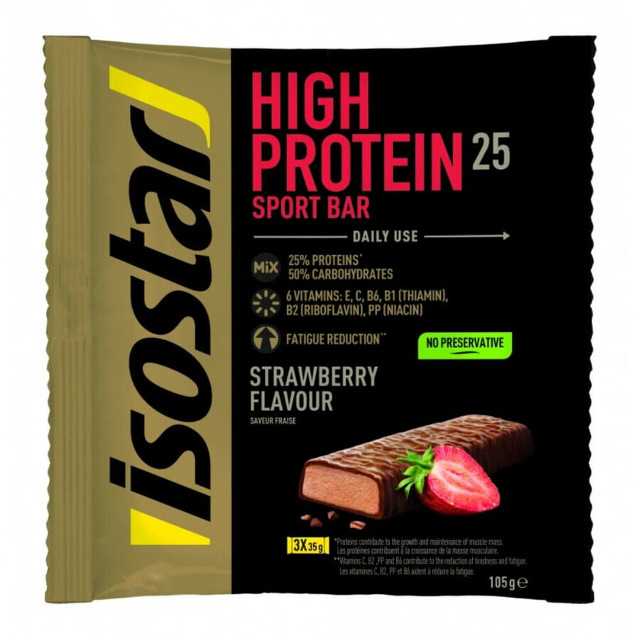 Barre protéinée à la fraise Barre sportive hyperprotéinée, 3 x 35 g, Isostar