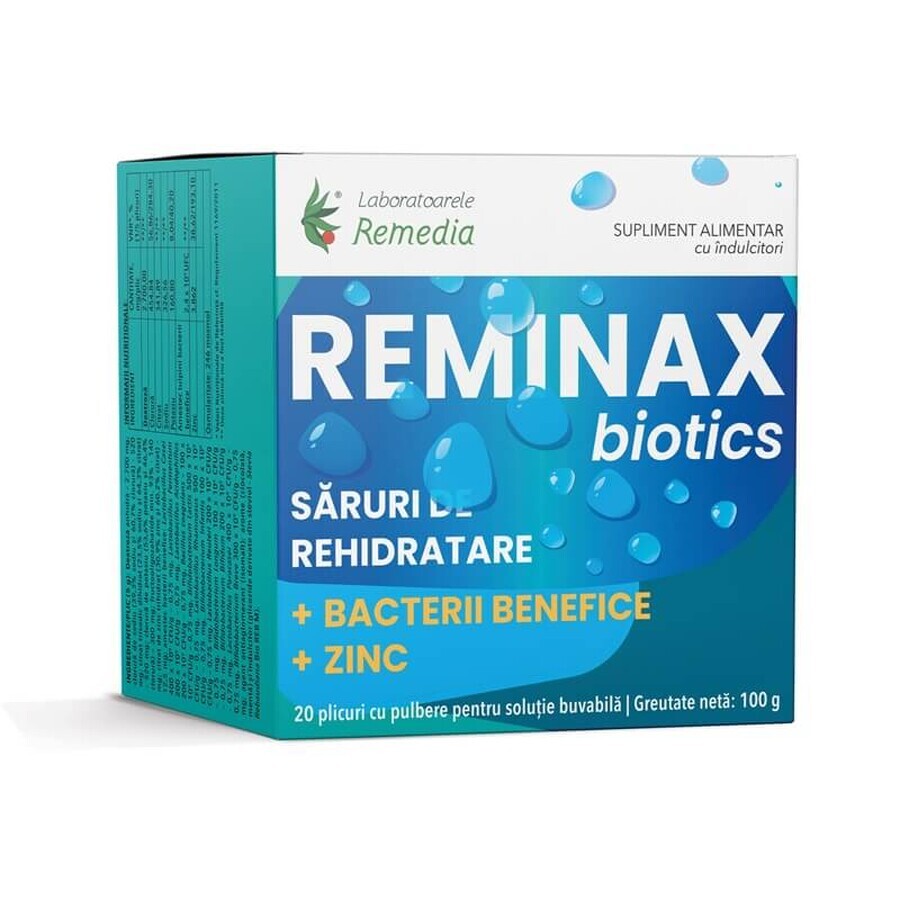 Reminax Biotics sels de réhydratation + bactéries bénéfiques et zinc, 20 sachets, Remedia