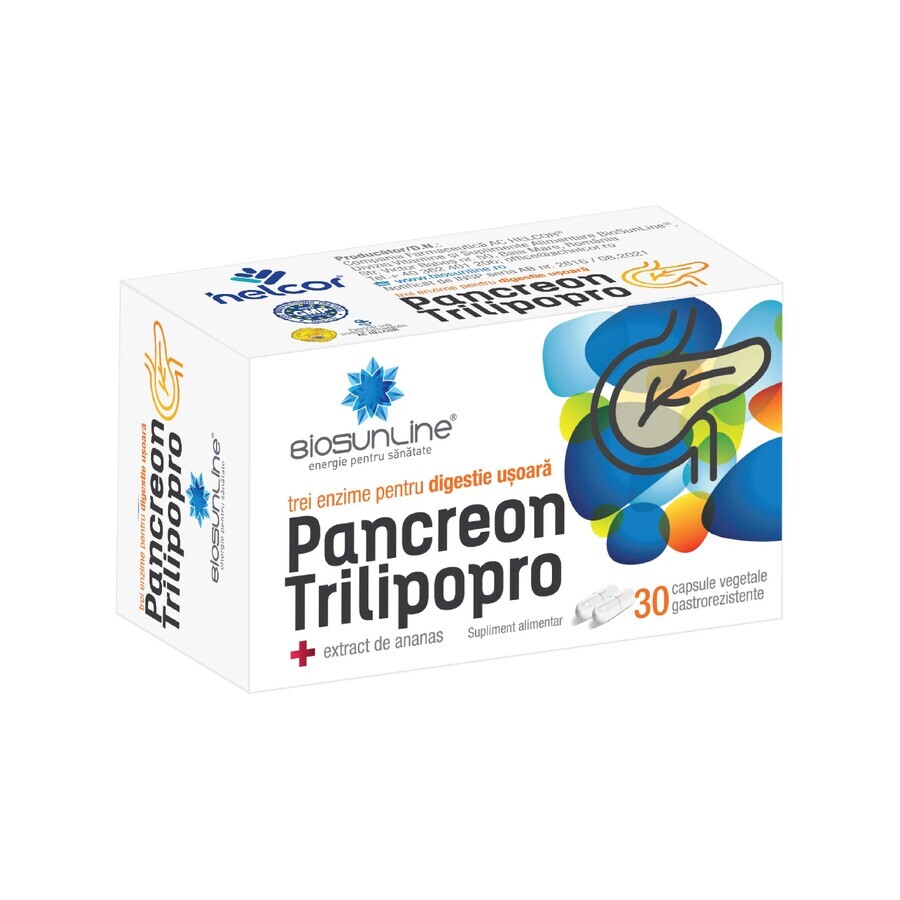 Enzima digestiva Pancreon Trilipopro BioSunLine, 30 cápsulas vegetales gastrorresistentes, Helcor