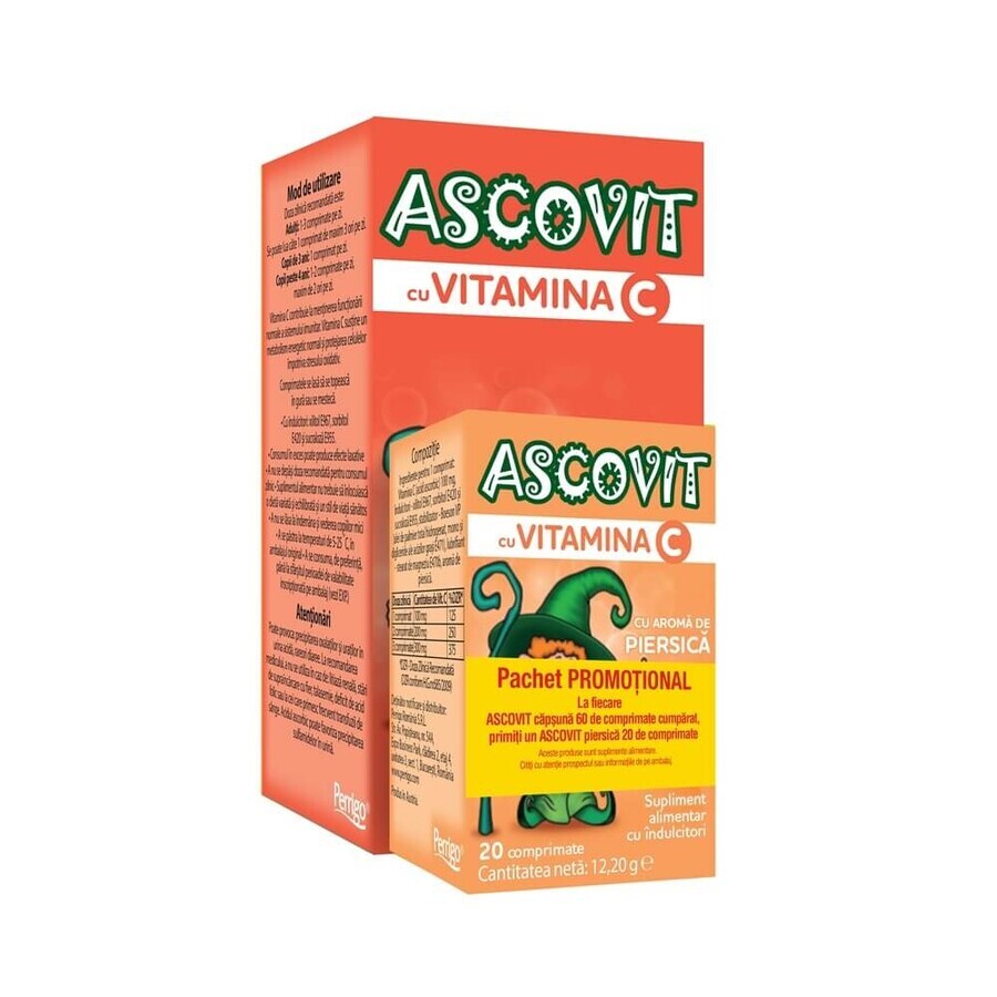 Pack Ascovit Vitamine C avec fraise arame 60 comprimés + Ascovit Vitamine C avec pêche 100 mg x 20 comprimés, Perrigo