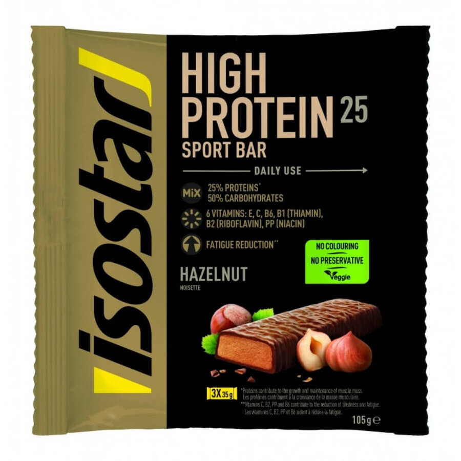 Barre protéinée au goût de noisette Barre sportive hyperprotéinée, 3 x 35 g, Isostar