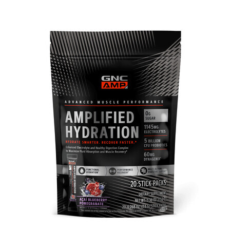 Gnc Amp Hidratación Amplificada, Electrolitos Sabor Acai, Arándano y Granada, 20 sobres, 150 G