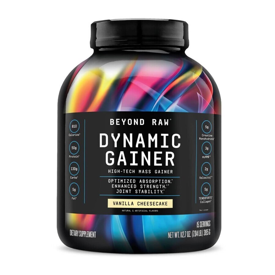 Gnc Beyond Raw Beyond Raw Dynamic Gainer Ganador de Masa de Alta Tecnología, Ganador de Proteína con Sabor a Tarta de Queso y Vainilla, 3195 G