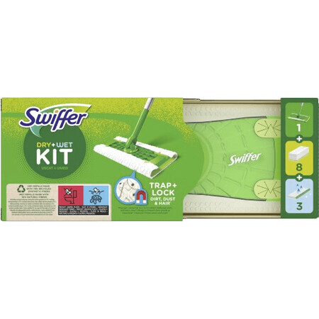 Kit de démarrage Swiffer avec 1 manche, 8 lingettes sèches et 3 chiffons de nettoyage