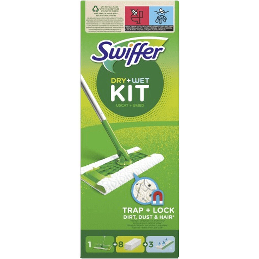 Kit de démarrage Swiffer avec 1 manche, 8 lingettes sèches et 3 chiffons de nettoyage