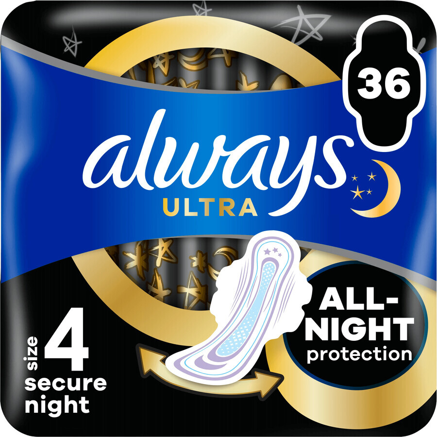 Always Ultra Secure Night Sanitary Pads (taille 4) avec ailettes 36 pcs