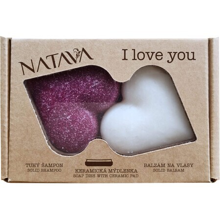 Natava Coffret cadeau coeur - shampoing solide + après-shampoing + porte-savon en céramique