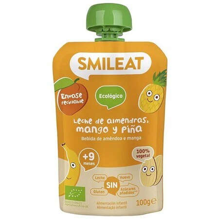 Smileat Lait en sachet aux amandes, pommes, ananas, mangues et bananes bio 9M+ 100 g