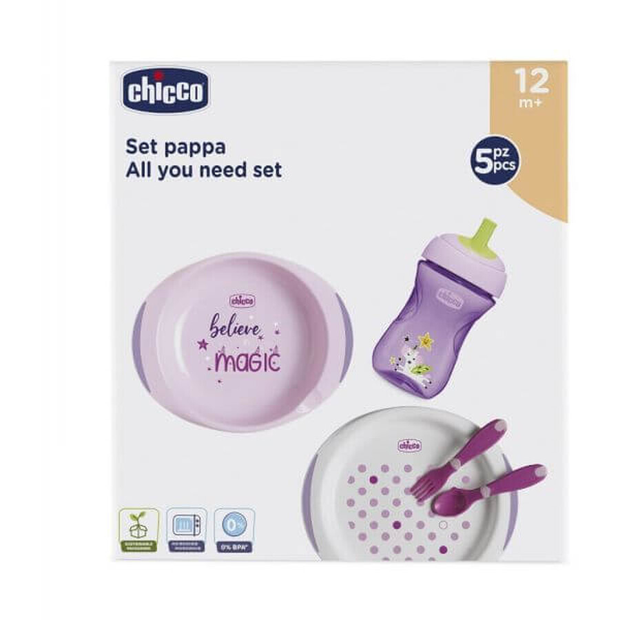 Set da tavola Chicco - piatti, posate, tazza, 12m+ rosa 200 ml