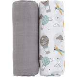 Petite&Mars Bamboo muslin blanket Misty Grey Planes 2in1, 120 x 120 cm 2 pieces