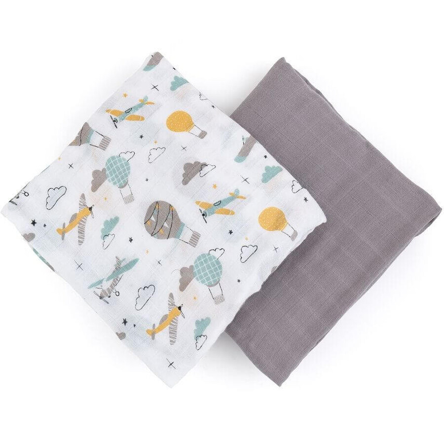 Petite&Mars Bamboo muslin blanket Misty Grey Planes 2in1, 120 x 120 cm 2 pieces