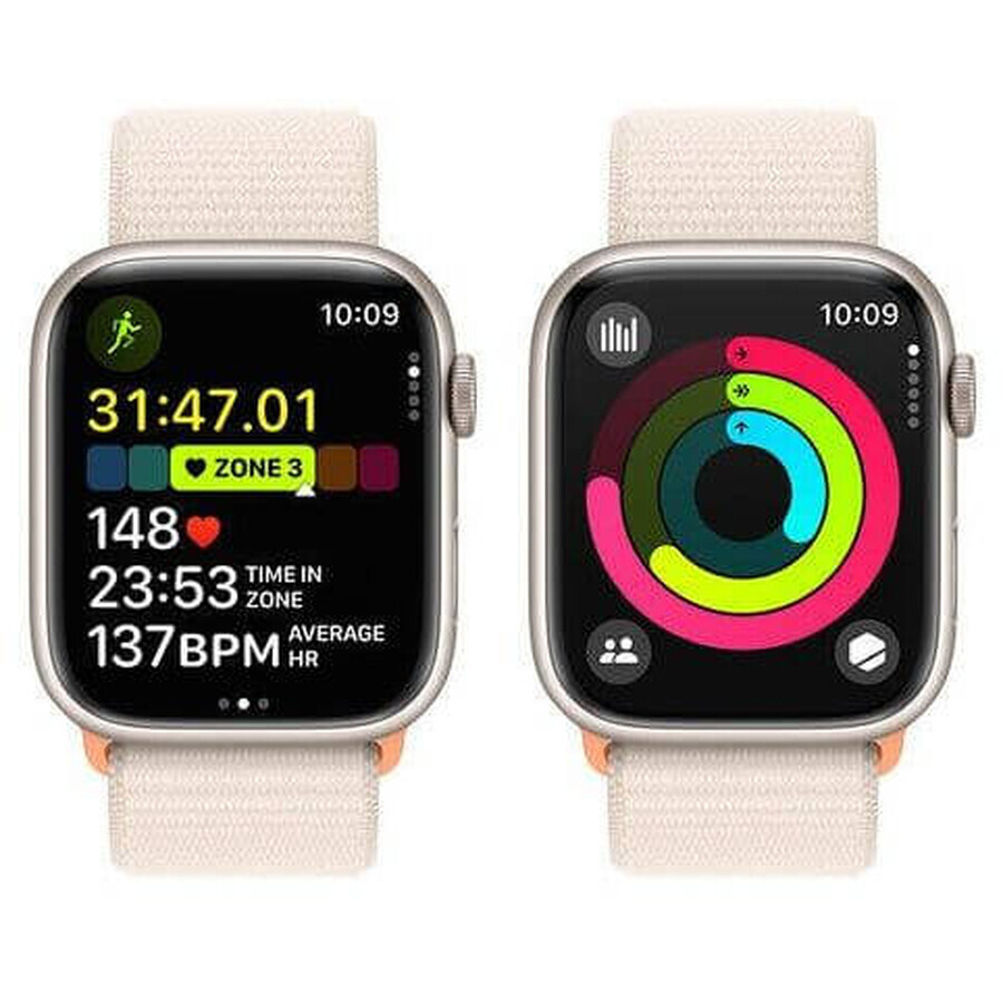 Apple Watch Series 9 GPS 45mm aluminum case with sport strap, Starlight