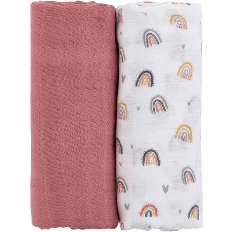 Petite&Mars Pătură din muselină de bambus Misty Rose Rainbow 2in1, 120 x 120 cm 2 buc