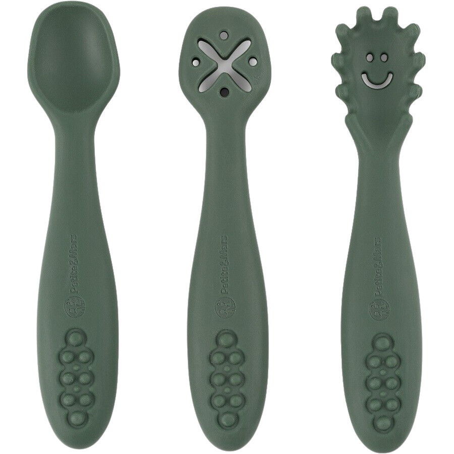 Petite&Mars Set de cuillères d'apprentissage en silicone Take&Match Misty Green 6m+ 3 pcs