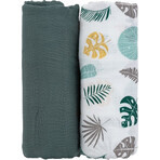 Petite&Mars Couverture en mousseline de bambou Misty Green Leaves 2en1, 120 x 120 cm 2 pièces