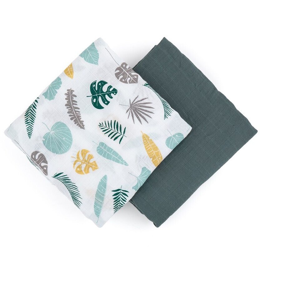 Petite&Mars Couverture en mousseline de bambou Misty Green Leaves 2en1, 120 x 120 cm 2 pièces