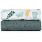 Petite&Mars Couverture en mousseline de bambou Misty Green Leaves 2en1, 120 x 120 cm 2 pièces