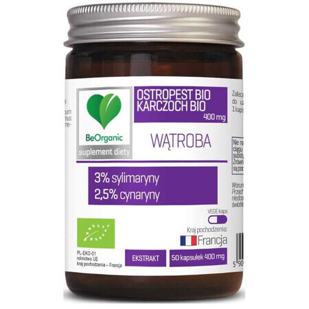 BeOrganic Chardon Bio 3% + Artichaut Bio 2.5%, 400mg (50 gélules).