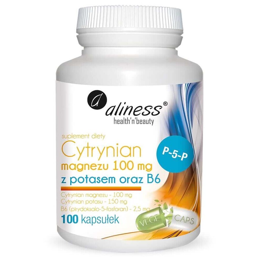 Citrato de magnesio 100 mg con potasio 150 mg, B6 (P-5-P) 100 Aliness® 100 cápsulas vegetales