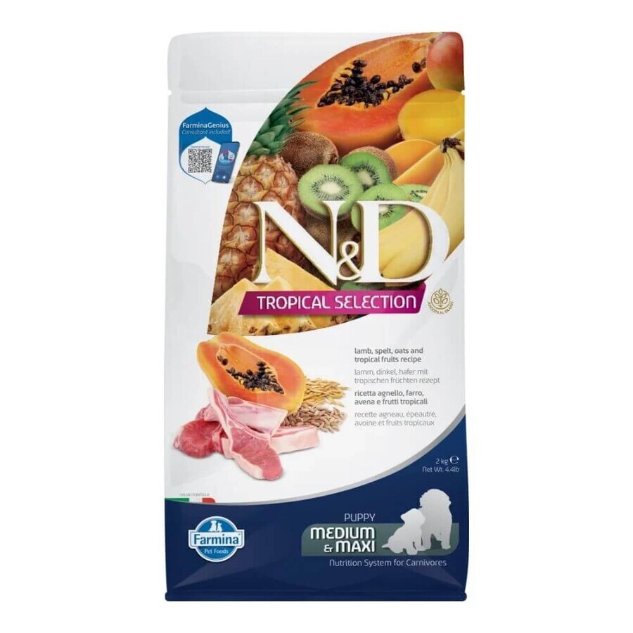 Nourriture déshydratée à base d'agneau pour chiens N&D Tropical Selection Medium/Maxi Puppy, 2000 g, Farmina