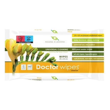 Lingettes humides tout usage de Doctor Wipe avec parfum de freesia, 50 pièces