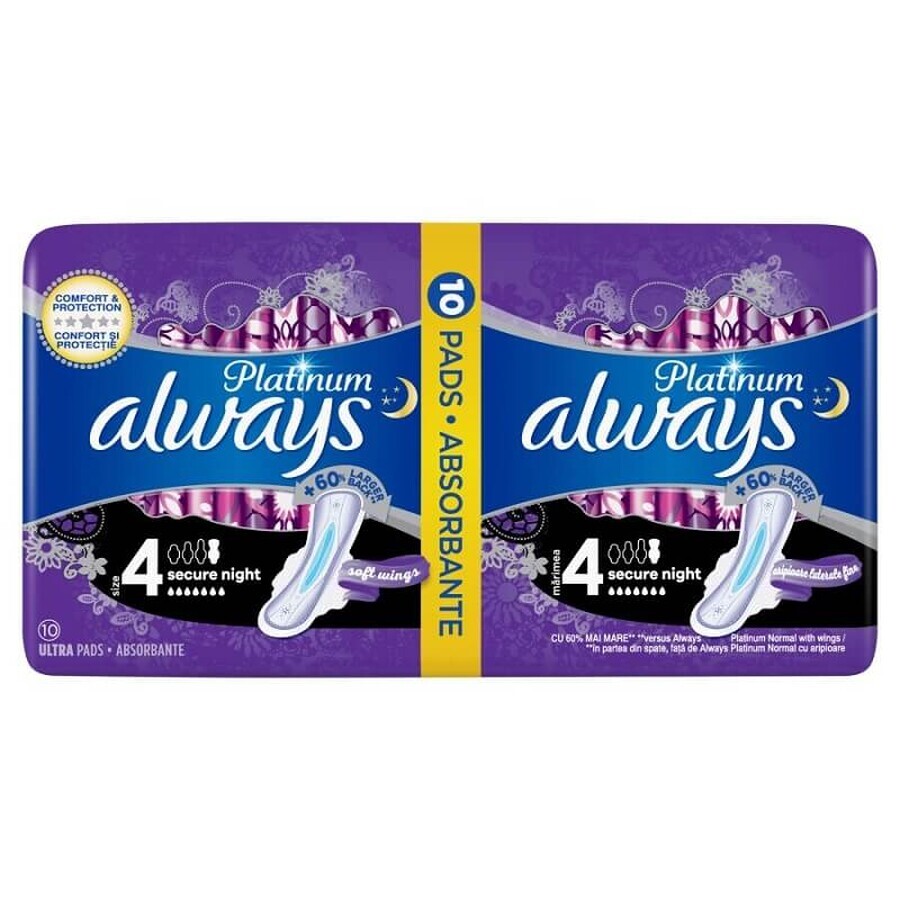 Absorbants Always Night Platinum Duo, Taille 4, 10 pièces, P&G